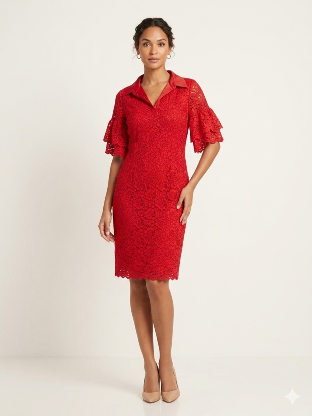 Banana Republic Red Lace Midi Dress with Collared Neck Ruffle Sleevs size XL